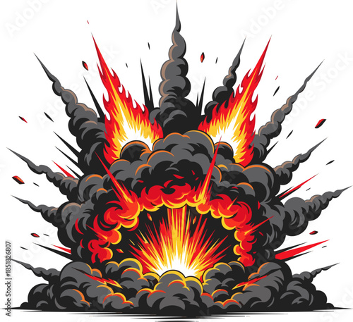 Create a Powerful explosion with dense smoke and flames Vector art with a white background.