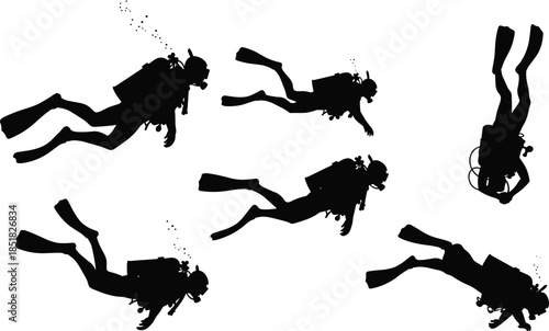 Set of professional scuba diver silhouettes, underwater swimming figures with diving gear and oxygen tanks, aquatic adventure vector illustration, isolated black ocean icons.