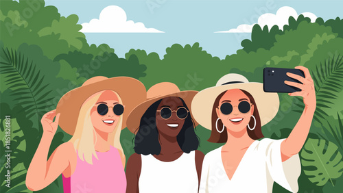 Three diverse women in sun hats and sunglasses taking a selfie while on vacation in a lush tropical jungle with palm leaves and exotic plants under a bright sky