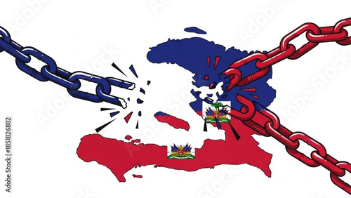 Haiti Freedom Concept: A conceptual illustration depicting Haiti's struggle for freedom, with chains breaking over the country's silhouette, symbolizing liberation and independence.