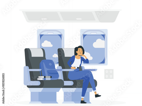 Woman sitting on airplane seat looking out window at clouds