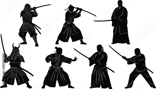 Set of traditional Japanese samurai silhouettes, black vector illustrations featuring katana sword fighting poses, ancient warrior armor, and disciplined martial arts combat stances
