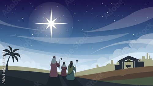 Guiding Star: A depiction of hope and wonder, with three figures following a bright star towards a serene destination, symbolizing faith and guidance. 