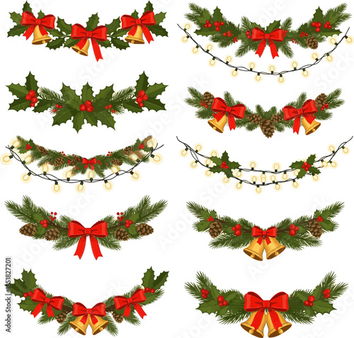 Create a Set of christmas garland vector art with white background.