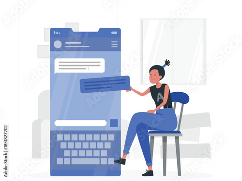 Woman sitting on chair interacting with large computer screen chat interface de