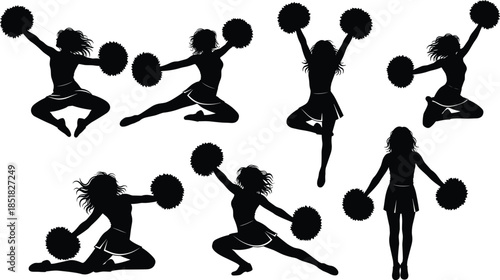 Silhouette of cheerleaders set, female cheerleading team in action with pom poms, athletic girls jumping and dancing icons for sports competition, vector illustration