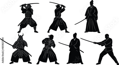 Traditional Japanese samurai and ronin warrior silhouettes set, black vector illustrations featuring katana sword fighting poses, ancient martial arts armor, and disciplined fighter stances