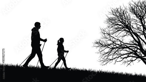 Black silhouette of active father and daughter nordic walking with poles on grassy hill near bare tree isolated on white background