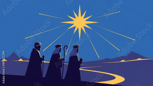 Three Kings Journey: A stylized illustration depicting the journey of three wise men following a guiding star across a serene landscape. The scene exudes a sense of reverence and anticipation.