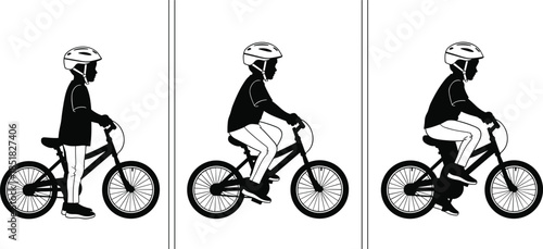 Set of black and white silhouettes showing proper bicycle seat height adjustment and bike fitting guide for a child wearing a helmet