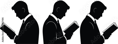 Set of black silhouette vector illustration of a man in business suit reading a book side view isolated on white background