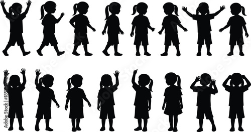 Set of black vector silhouettes depicting a little girl with ponytail standing, walking, waving and pointing isolated on white background