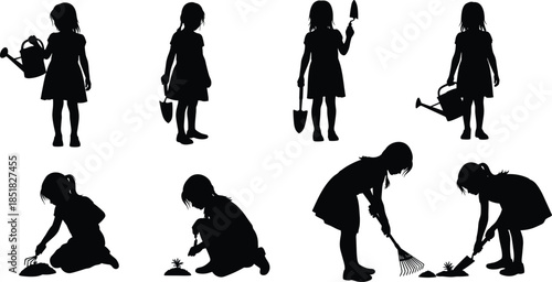 Set of black vector silhouettes of a little girl gardening, planting flowers with watering can and shovel isolated on white background