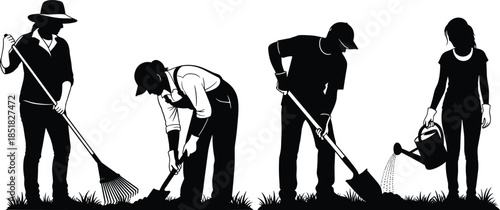 Set of black vector silhouettes of men and women gardening, digging with shovel, raking leaves and watering plants isolated on white