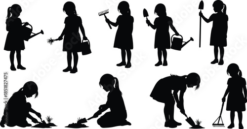 Set of black vector silhouettes of a little girl gardening, planting, watering, and digging with tools isolated on white background