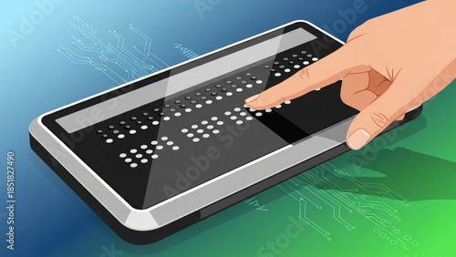 Accessibility Technology: A hand interacts with an advanced Braille device, showcasing innovation and inclusivity in communication. The image highlights technology designed for the visually impaired.
