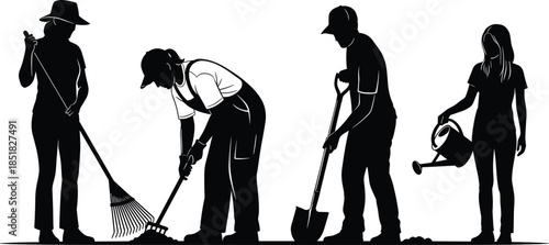 Set of black vector silhouettes of gardeners working with tools like shovel, rake, hoe and watering can on white background