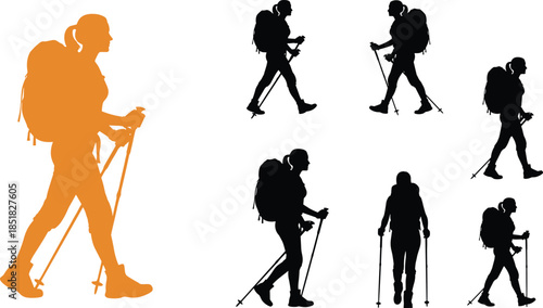 Set of vector silhouettes of a female hiker walking with a backpack and trekking poles isolated on white background