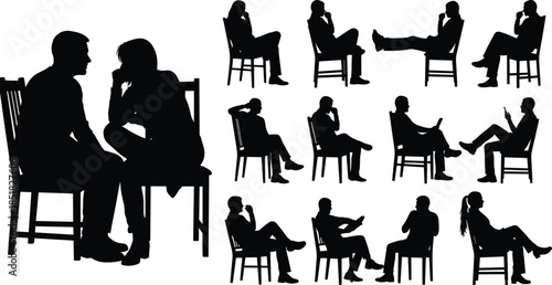 Vector collection of black silhouettes of people sitting on chairs in various poses including a couple talking and individuals waiting