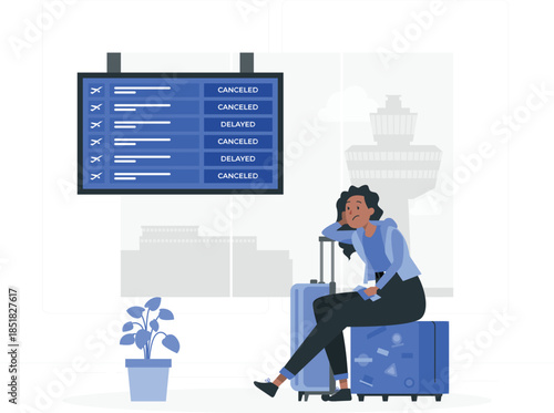 Woman sitting on luggage at airport with flight cancellation board travel delay