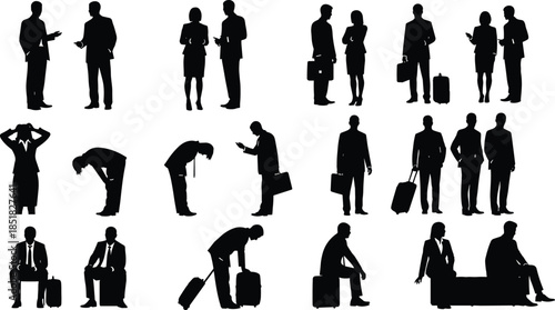 Vector set of black business people silhouettes in various poses including standing, talking, sitting, and traveling with luggage isolated on white background