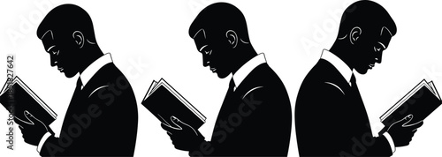 Vector illustration set of three black silhouettes of a businessman in a suit reading a book for education and knowledge concept