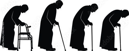 Vector set of black silhouettes of an elderly man walking with a cane and walker isolated on white background