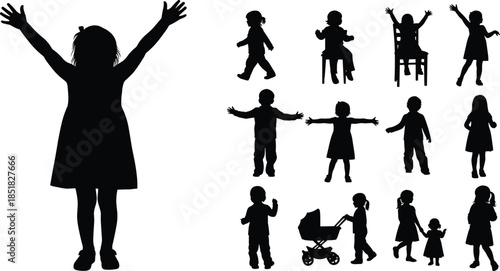 Vector set of black silhouettes showing little children in various poses like standing walking sitting and playing isolated on white background