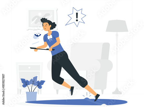 Woman slipping on blue rug holding ironing board in living room falling