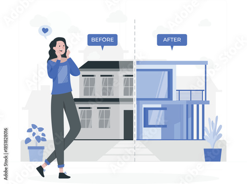 Woman standing next to before and after house renovation architecture de