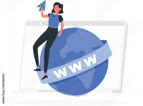 Woman standing on globe with www banner and paper airplane in front of laptop internet