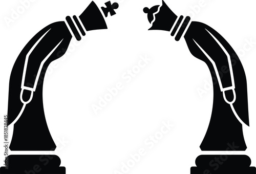 Bowed king and queen chess silhouette, symbolic gesture of respect, diplomacy, partnership, elegant black icon for strategic design themes