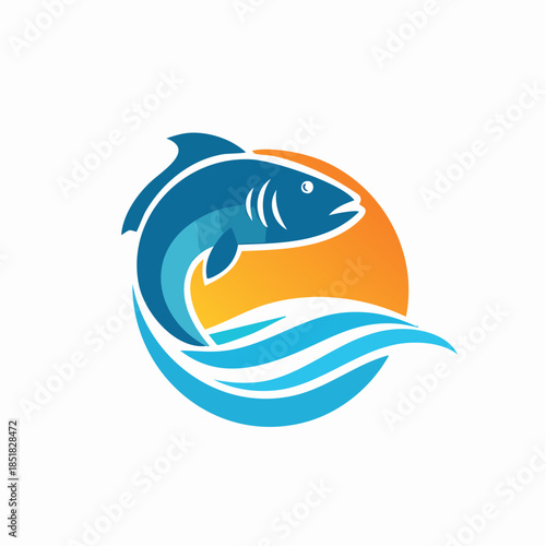 A stylized blue fish logo jumping out of wavy lines against a vibrant orange sunset on a clean white background.