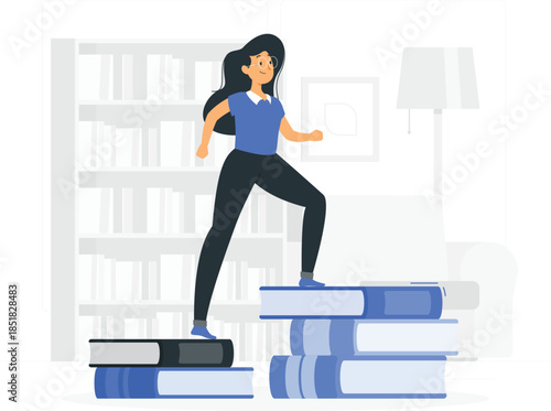 Woman stepping on stacked books in living room library des