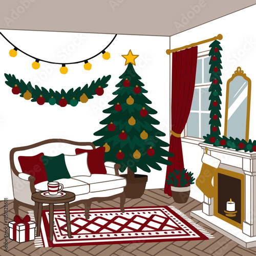 Create a Stylish interior of Christmas arrangement with Christmass tree, white sofa and festive decorations and accessories. vector art with white background.