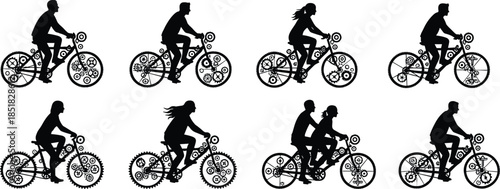 Cyclist silhouettes riding mechanical bicycles with gears, abstract motion and transportation concept illustration, human movement, teamwork, steampunk inspired design