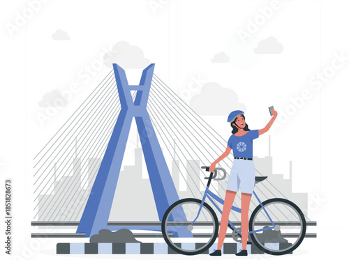 Woman taking selfie with bicycle and bridge city clouds de