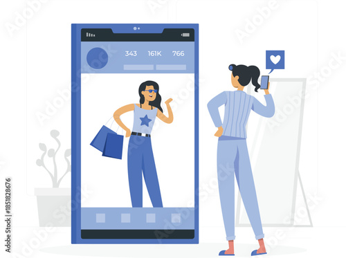 Woman taking selfie with shopping bags on social media phone desig