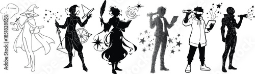 Fantasy character silhouettes performing magic and music, creative archetypes with instruments and spells, abstract storytelling illustration, surreal artistic concept