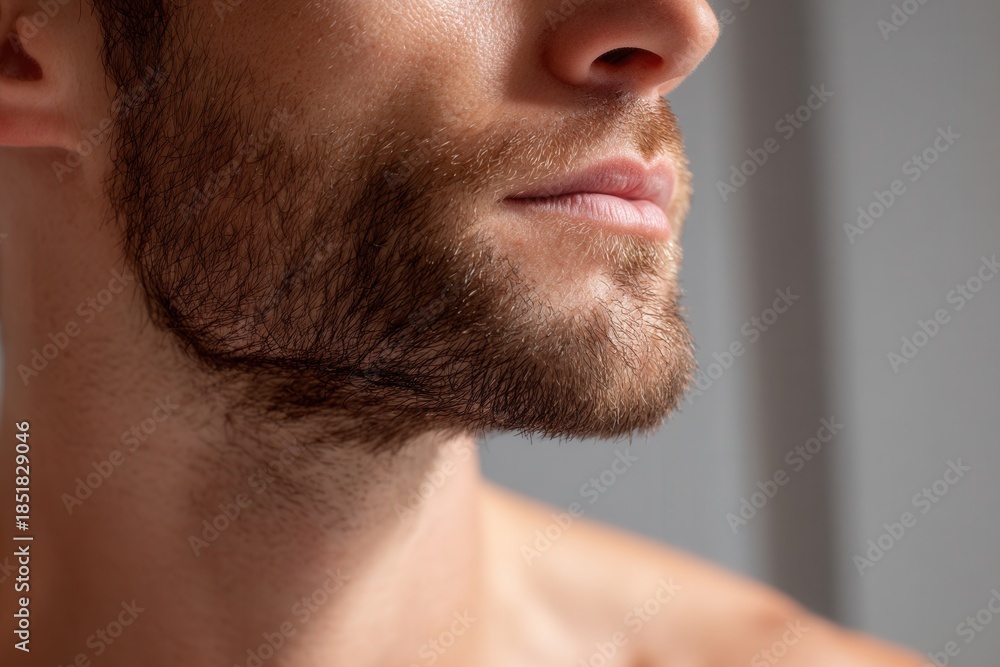 Fototapeta premium Male face with well-groomed beard and clean skin, focusing on beauty care