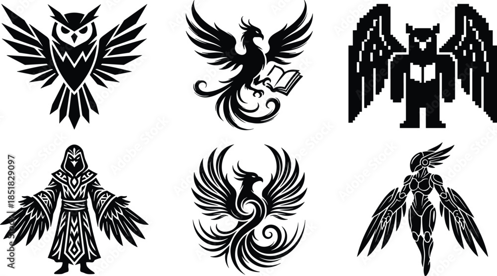 Fototapeta premium Fantasy winged silhouettes, mythical creatures, phoenix, wizard, robot, owl, bat figure, black illustration, sci-fi and fantasy character design