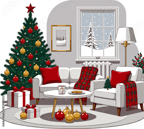 Create a Stylish interior of Christmas arrangement with Christmass tree, white sofa and festive decorations and accessories. vector art with white background.