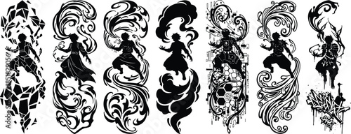 Female silhouette figures formed by abstract smoke and energy shapes, fantasy transformation concept illustration, motion, power, surreal artistic design