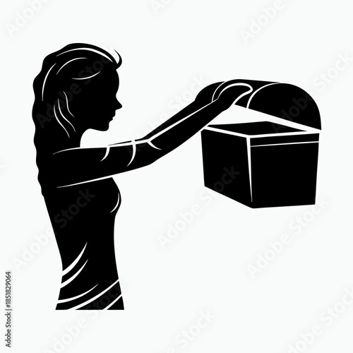 Woman opening box with hands while silhouette on white background  