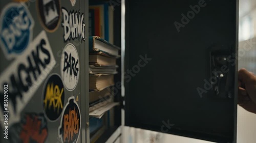 Student Hand Opening Decorated School Locker in Hallway