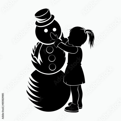 Young girl playing with snowman in winter scene  