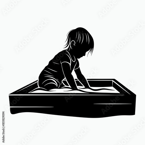 Toddler playing with sand in sandbox silhouette on white background  
