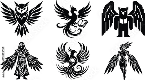 Fantasy winged silhouettes, mythical creatures, phoenix, wizard, robot, owl, bat figure, black illustration, sci-fi and fantasy character design