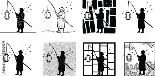 Fisherman silhouette with lantern at night, poetic solitude concept illustration, traditional figure, calm mood, minimal black and white art