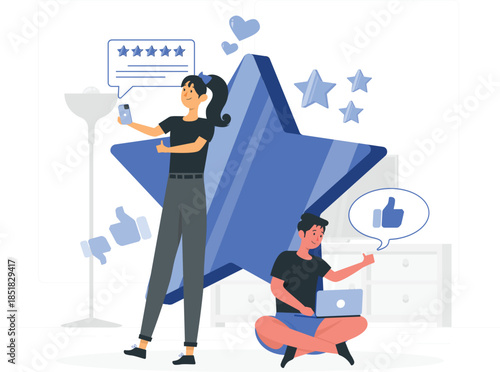 Woman with phone and man with laptop surrounded by blue star ratings des